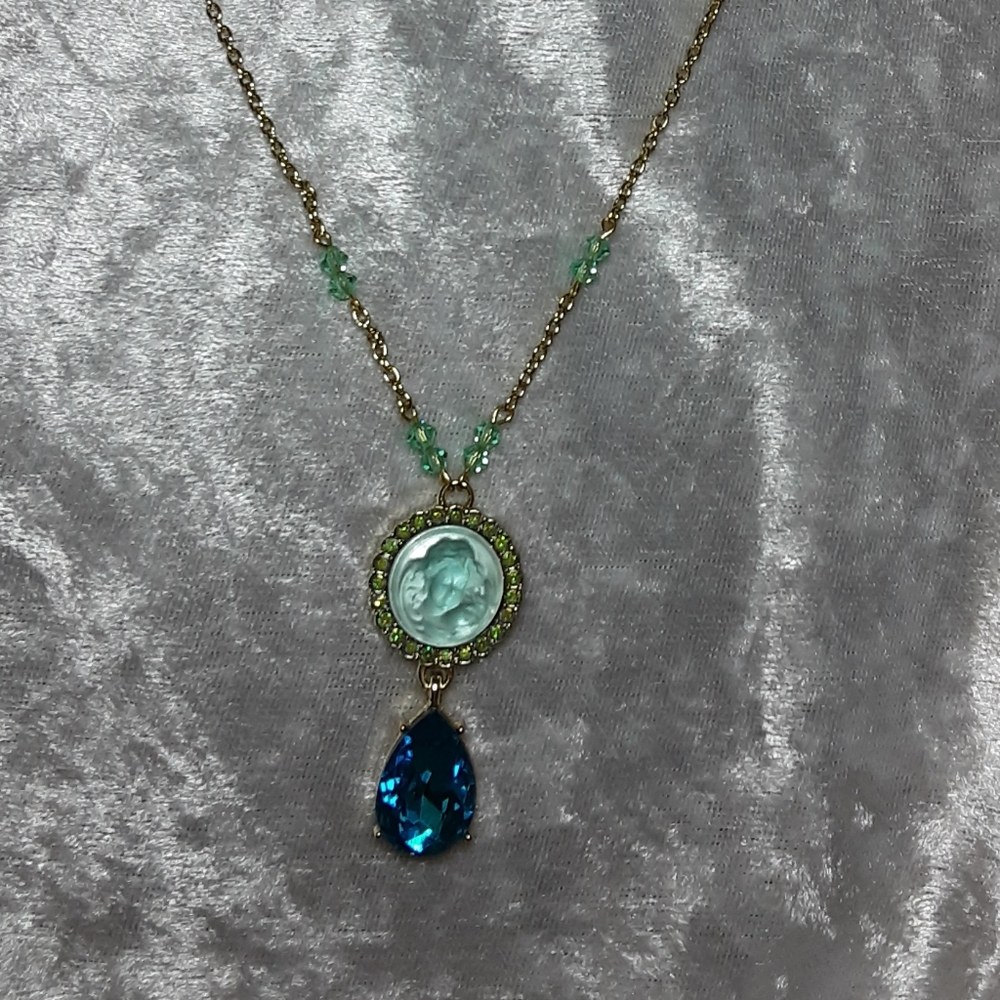 Handmade Angel Cameo Glass Necklace Teal Green 22" Long Chain Mother's Day Gift - Picture 7 of 9